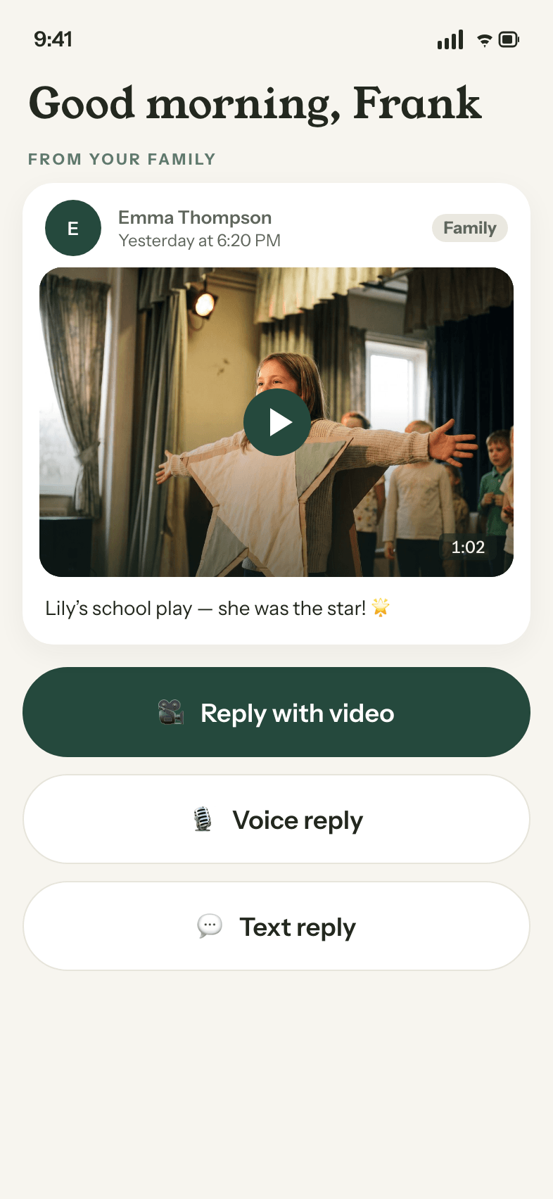 Senior sharing a video moment with their family through the HearFrom app