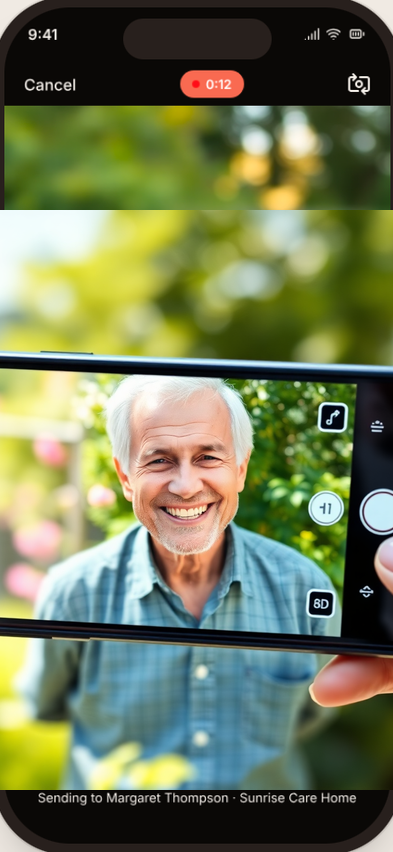 Senior sharing a video moment with their family through the CareMemo app