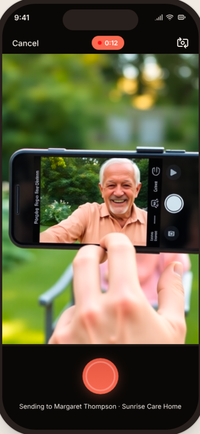 CareMemo video capture screen — share a moment in under 60 seconds